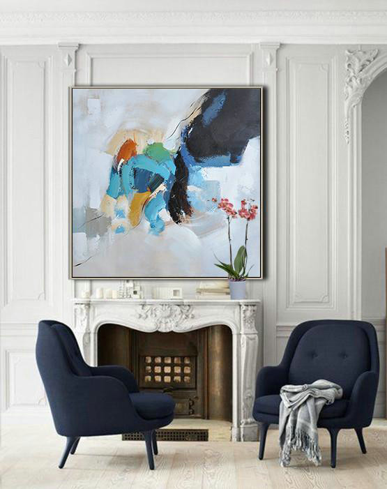 Abstract Painting Extra Large Canvas Art,Oversized Contemporary Art,Modern Art Abstract Painting,Black,White,Sky Blue,Green,Yellow.etc